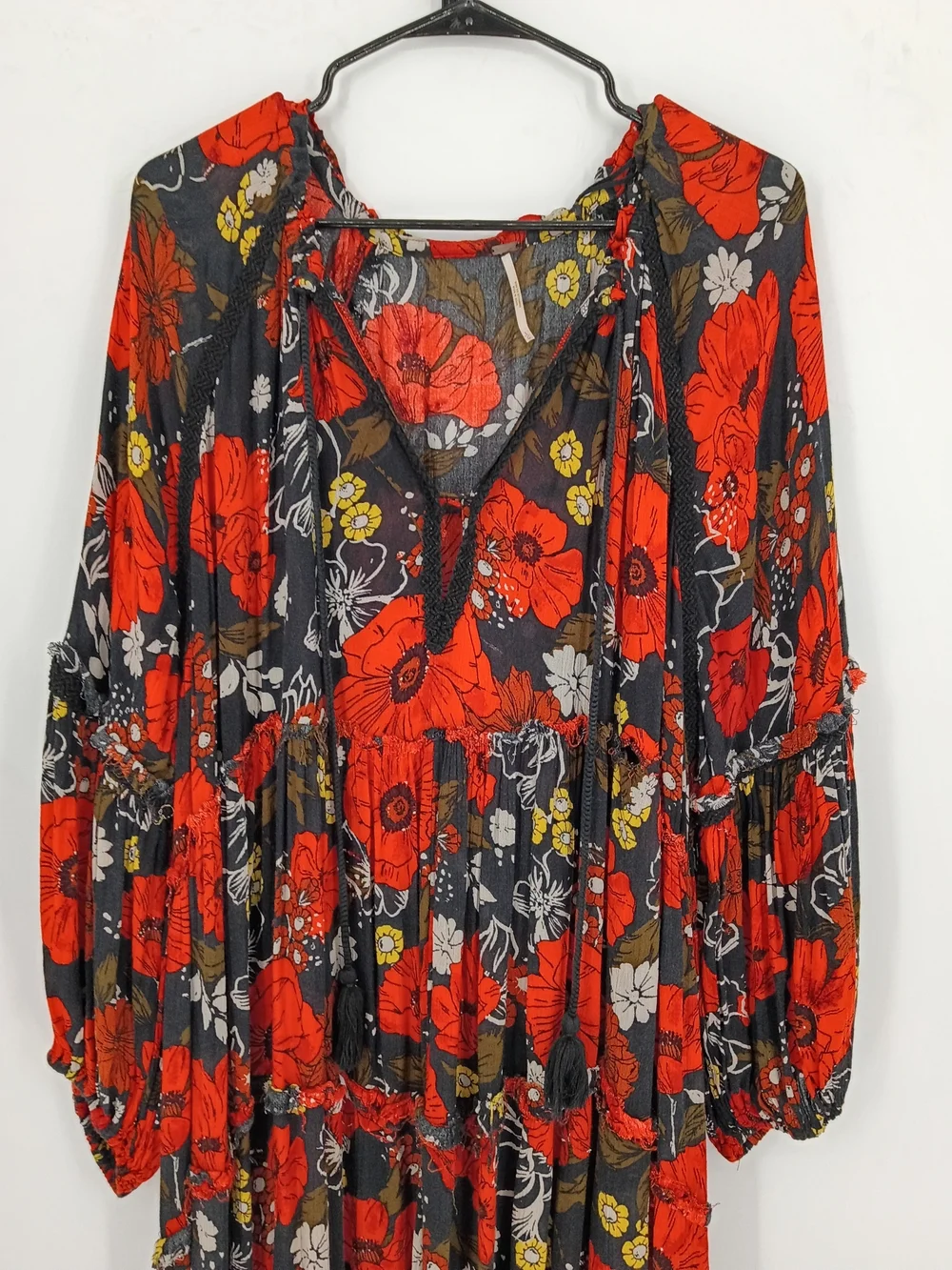 Free People Boho Black & Red Floral Long Sleeve Maxi Dress Oversized Sz L
